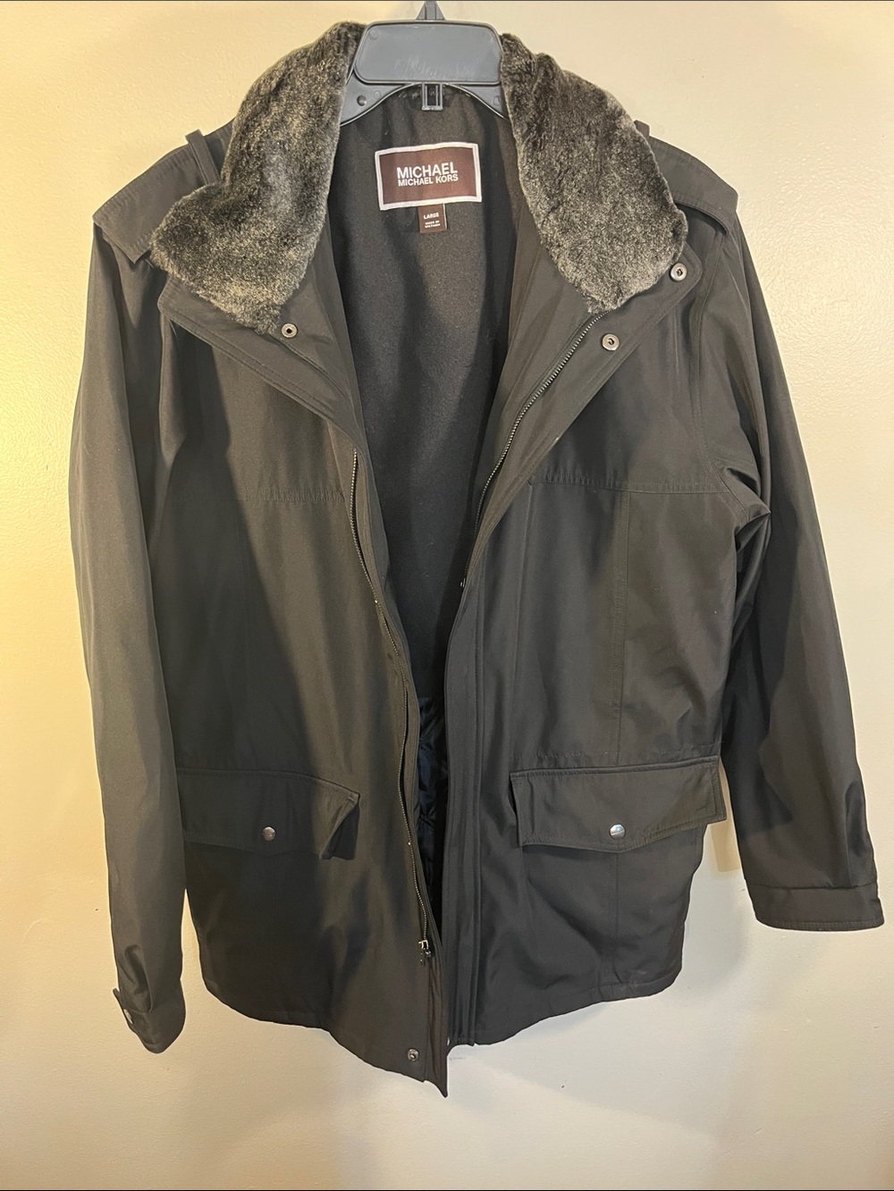 Michael Kors Men's Dark Gray Field Parka with Faux Fur Collar